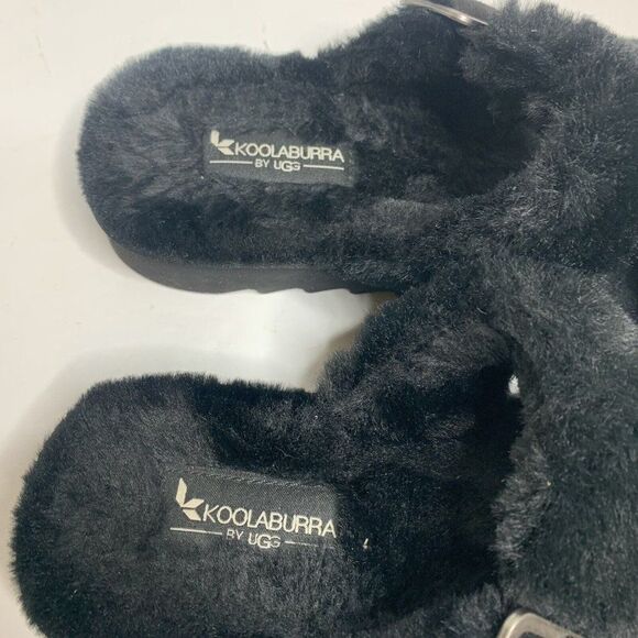 UGG Fuzz Yeah Black Sheepskin Shearling Sherpa Slippers Sandals Womens Size 7M - Picture 2 of 8